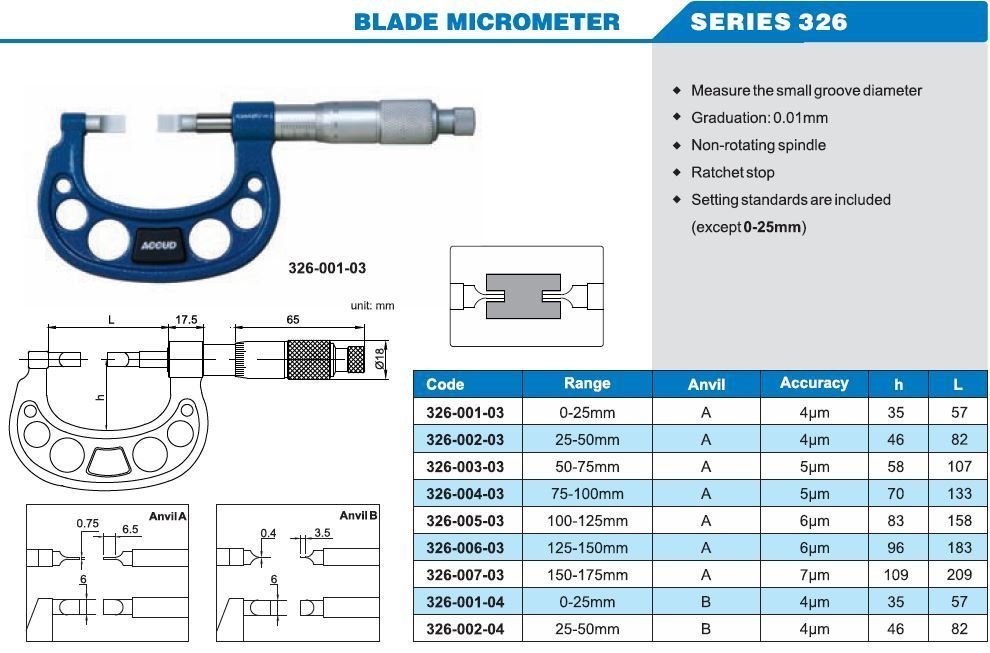 Accud Mekanik Bıçak Ağızlı Mikrometre 0-175mm 326 Serisi