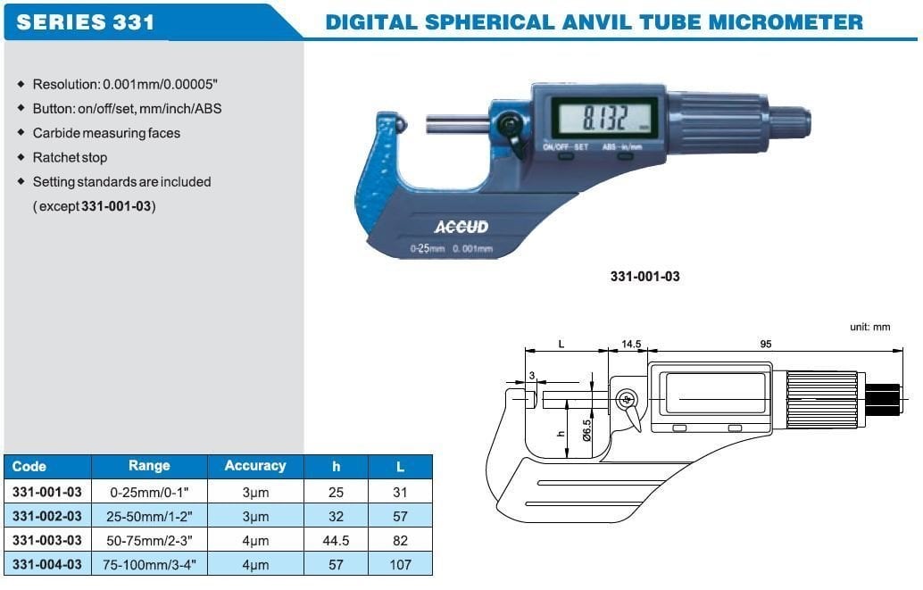 Accud Dijital Boru Et Kalınlığı Mikrometresi 0-100mm 331 Serisi