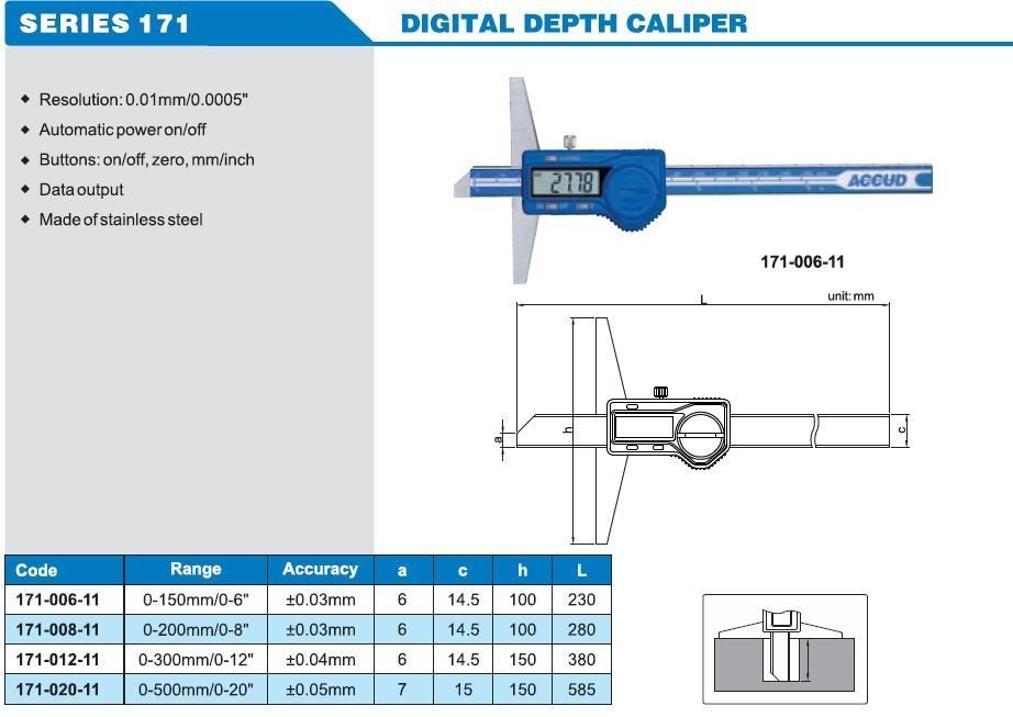 ACCUD Dijital Derinlik Kumpası 500mm | ACCUD 171-020-11 Model Tablosu