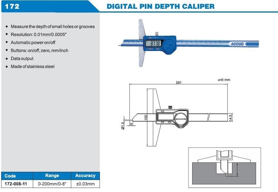 ACCUD Dijital Pimli Derinlik Kumpası 200mm | ACCUD 172-008-11 Model Tablosu