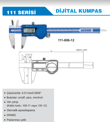 Accud Dijital Kumpas 150 mm | Accud 111-006-12 Teknik Tablo