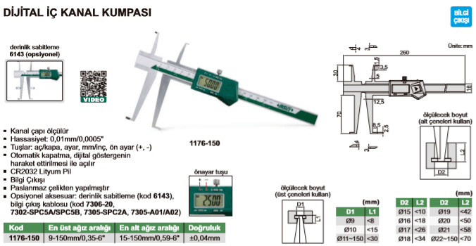 Insize Dijital İç Kanal Kumpası 9-150mm 1176-150