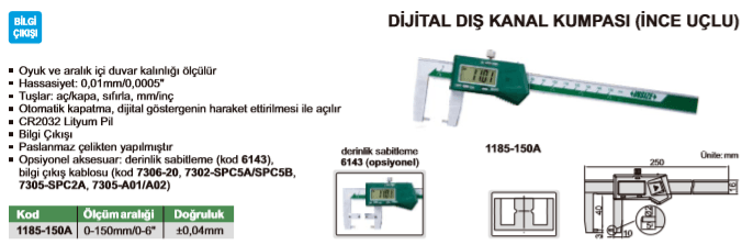 Insize Dijital Yuvarlak Uçlu Dış Kanal Kumpası 150mm 1185-150A