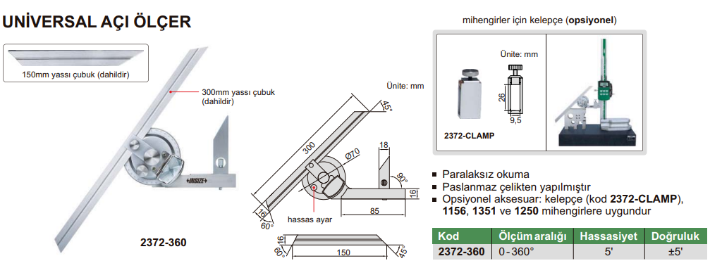 Insize Universal Açı Ölçer 0-360° 2372-360